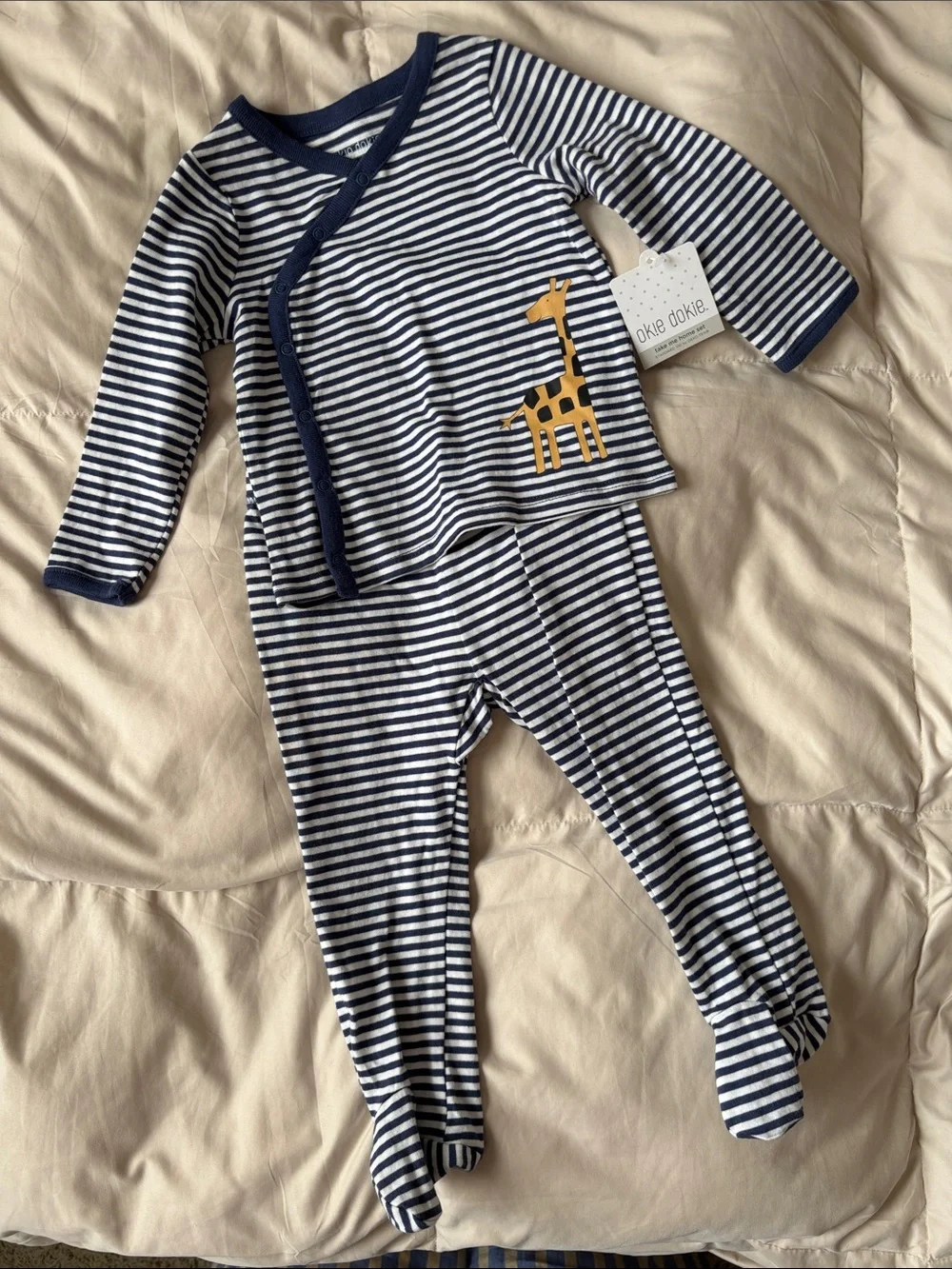 okie dokie Navy White Striped Kids Outfit Pajama Set Yellow Giraffe Size 9M NEW
